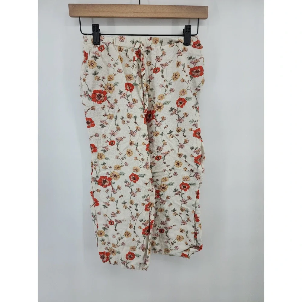 H&M Floral Smocked Crop Top and Pants Set Cream Red Size 12